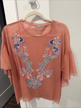 Zara Coral Sheer Floral-Embroidered Tunic